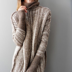 Sweater  Brown  Oversized  Loose   knit  woman sweater. Thumb holes, turtleneck sweater.