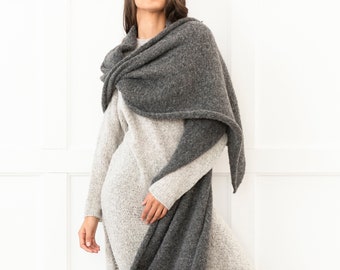 Grey Extra Long Alpaca Wool scarf  shawl , oversized handmade  blanket , travel scarf .