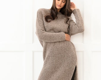 Alpaca long knit dress, handmade dress for woman .