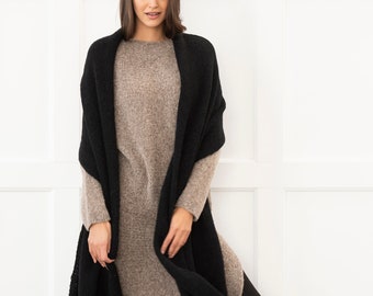 Black Extra Long Alpaca Wool scarf  shawl , oversized handmade  blanket , travel scarf .