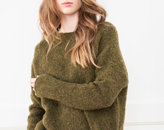 Olive green Oversized Alpaca knit sweater women  Lightweight soft sweater dress  Hand knit tunic .