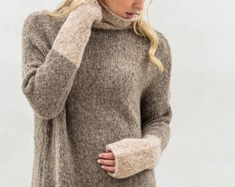 Oversized Alpaca Knit Sweater Dress: Turtleneck with Side Slits