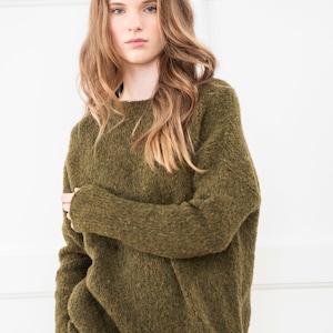 Olive green Oversized Alpaca knit sweater women  Lightweight soft sweater dress  Hand knit tunic .