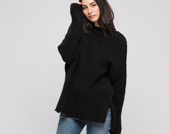 Black Alpaca knit sweater women , Slouchy   loose sweater dress | Roseuniquestyle