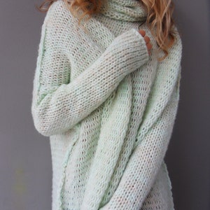 Oversized Chunky Knit Sweater: Pale Mint Mohair Blend, Slouchy Tunic