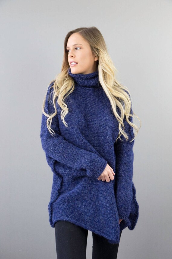 Kleding Dameskleding Sweaters Pullovers Alpaca /Merino wool sweater Thumb holes knit sweater Turtleneck blue  sweater. Oversized  Chunky knit woman sweater 