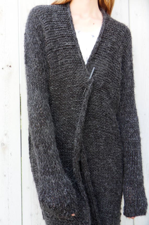 Handmade Long Open Front Cardigan With Pockets for Ladies, Dark Grey Wool  Cardigan Sweater, Women's Coatigan, Oversized Knitwear 