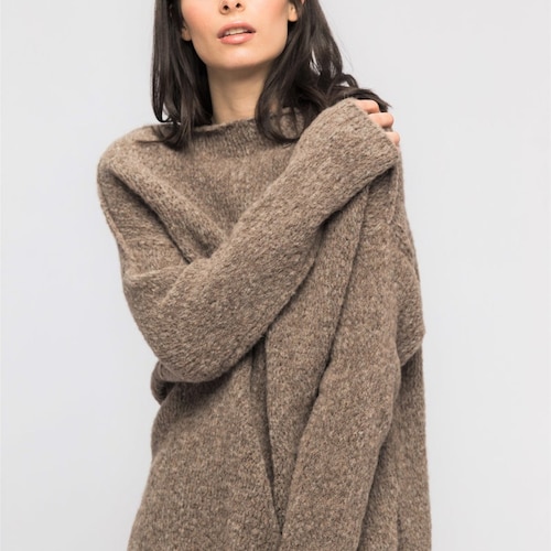 Milky brown Oversized alpaca wool sweater dress hand knit pullover .