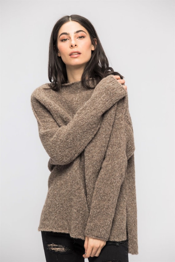 Milky brown Oversized alpaca wool sweater dress hand knit pullover .