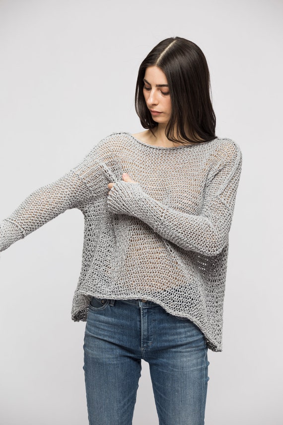 Trui linnen katoen chunky gebreide trui trui pullover. Grijs Vrouw gebreid linnenkatoen oversized trui. Zomer losse | Etsy