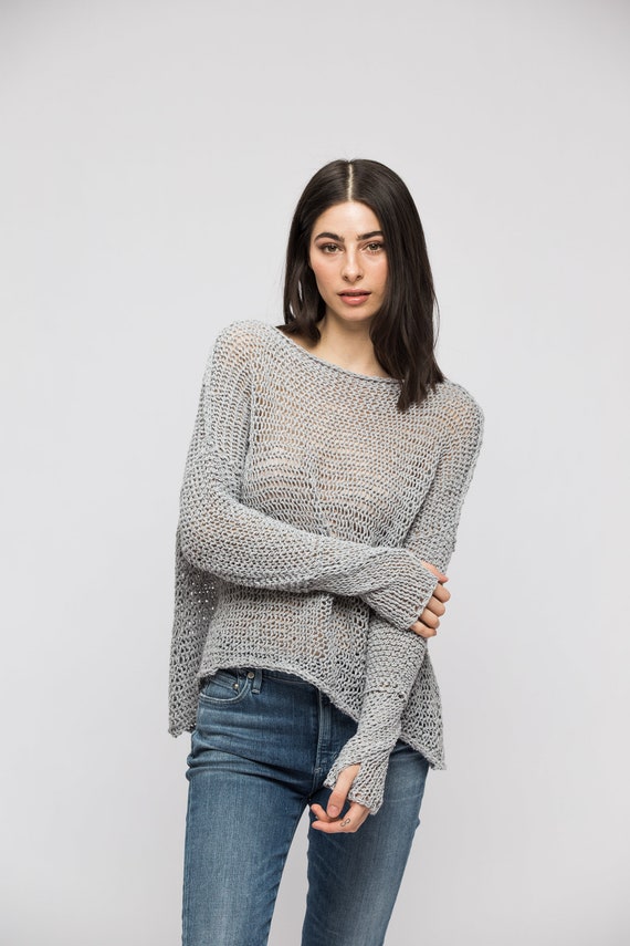 RoseUniqueStyle Sweater Linen Cotton Chunky Knit Sweater Jumper Pullover. Grey Woman Sweater