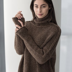 Hand Knit sweater women Alpaca  Slouchy  Loose  Chunky knit  sweater dress Turtleneck sweater for woman .