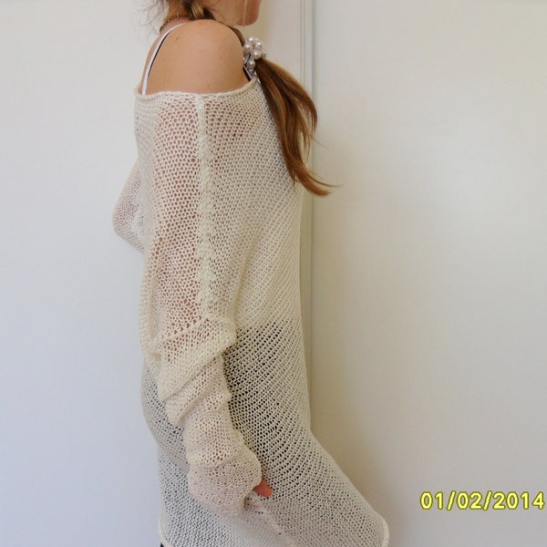 Oversized women cotton tunic/sweater.Off-white knit tunic. Womens cotton tunic/dress. Womens kni top. Summer sweater.