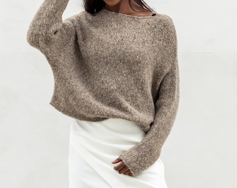Mocha Knit sweater woman Alpaca oversized crop top pullover hand knit sweater | Rose Unique Style