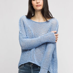 Cotton Linen  loose knit woman sweater. Chunky knit oversized sweater pullover jumper.  Hi Lo hemline .