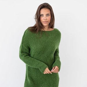 Moss green Alpaca oversized hand knit sweater for women  slouchy dress with side splits .