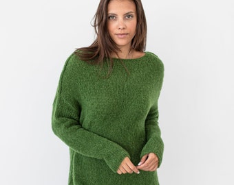 Moss green Alpaca oversized hand knit sweater for women  slouchy dress with side splits .