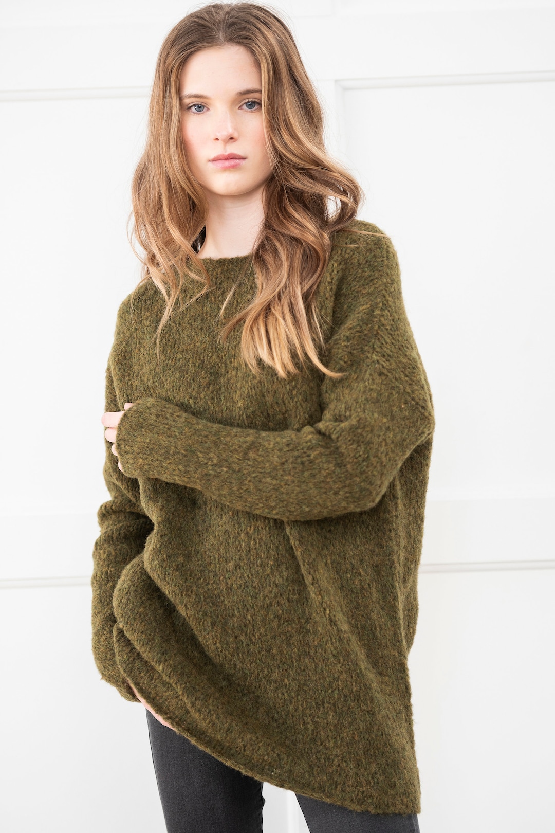 Olive Green Oversized Alpaca Knit Sweater Women Lightweight Soft ...