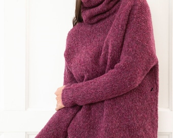 Alpaca Knit Cowl Sweater: Oversized Wool Tunic Dress