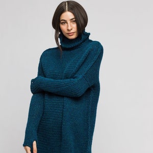Teal Oversized chunky knit sweater for women , slouchy  sweater dress , thumb holes , turtleneck .