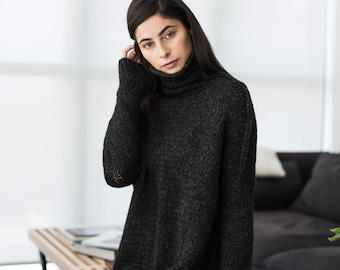 Oversized Alpaca Knit Sweater Dress: Charcoal Grey Turtleneck