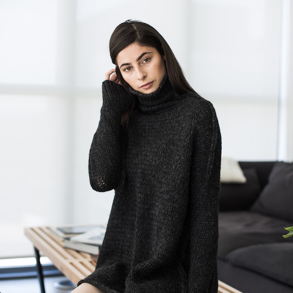 Knit sweater women , Oversized  Chunky knit woman Alpaca  sweater dress , Charcoal grey knit sweater | Roseuniquestyle