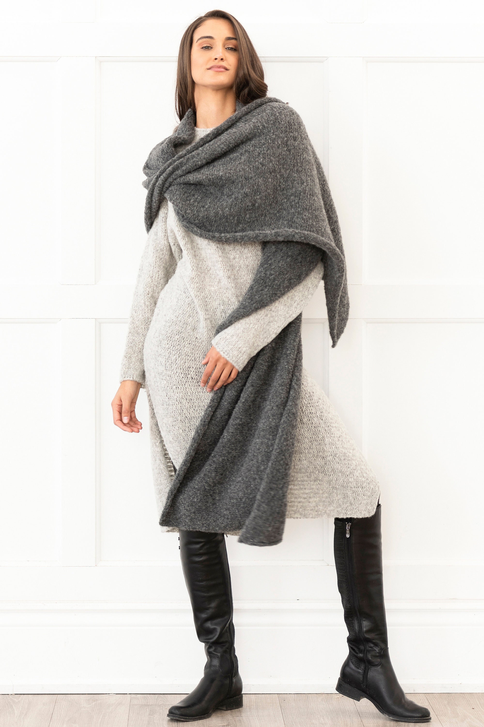 Grey Extra Long Alpaca Wool Scarf Shawl , Oversized Handmade
