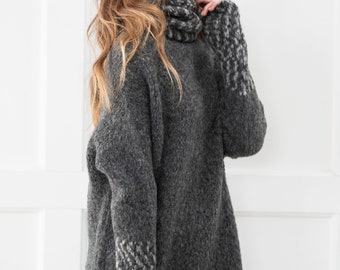 Grey Alpaca Knit Sweater Dress: Oversized Turtleneck Tunic