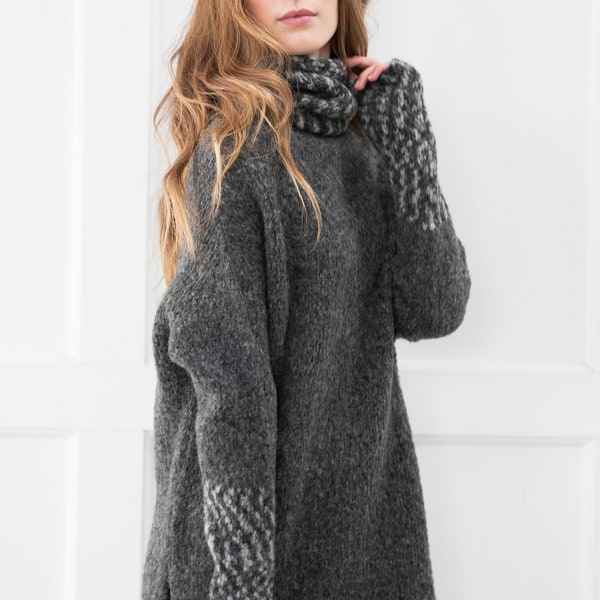 Grey Alpaca Knit Sweater Dress: Oversized Turtleneck Tunic