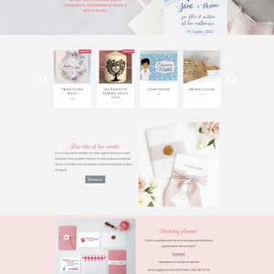 May include: A website for wedding and event planning services. The website features a pink and white color scheme with images of wedding invitations, a candle, and a communion card. The website also includes a section for wedding planners.