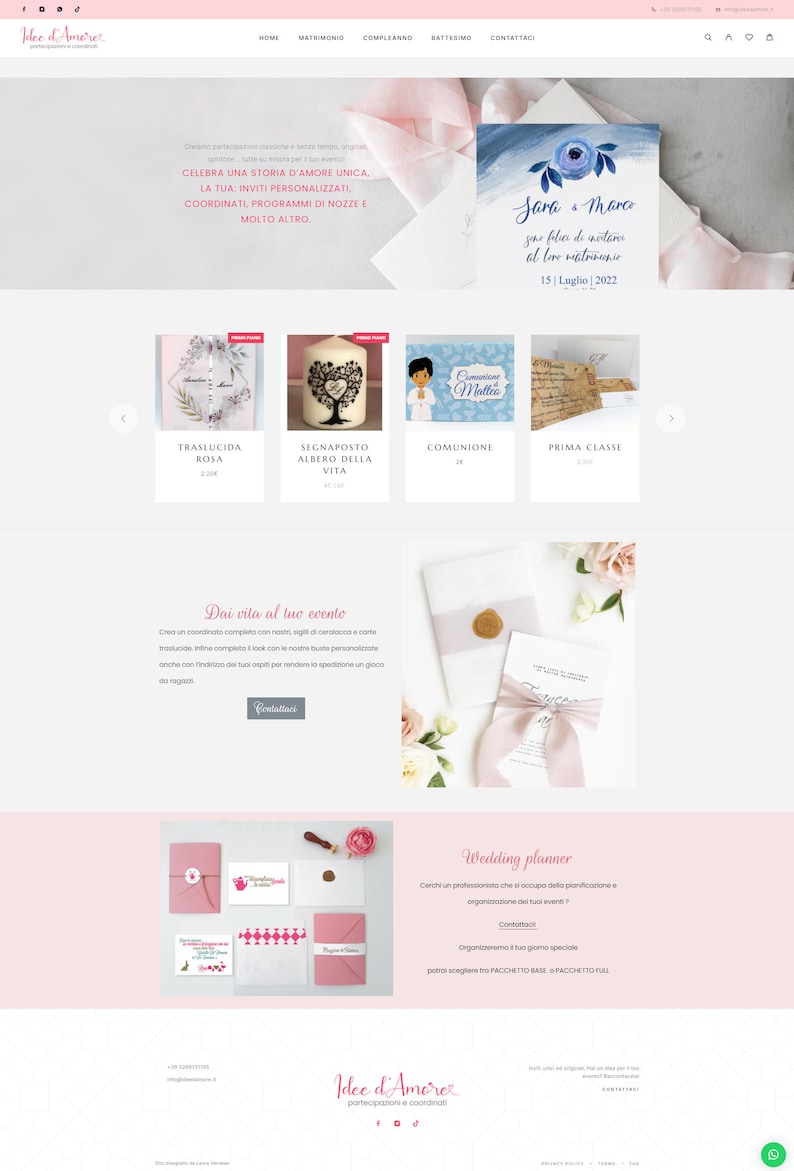 May include: A website for wedding and event planning services. The website features a pink and white color scheme with images of wedding invitations, a candle, and a communion card. The website also includes a section for wedding planners.