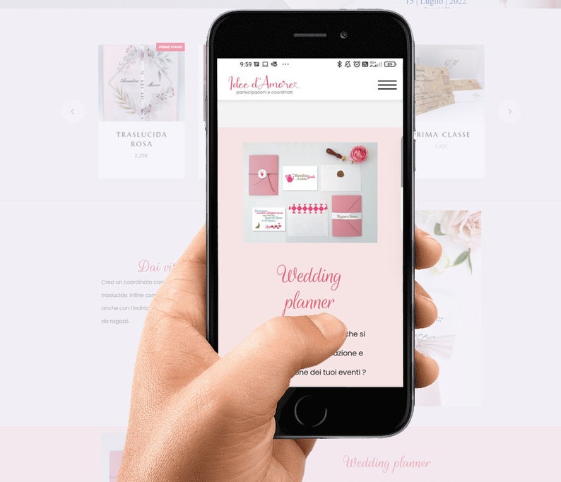 May include: A screenshot of a mobile phone displaying a website for wedding planning services. The website features a pink and white color scheme and the text "Wedding planner" is prominently displayed. The website also includes a photo of a wedding invitation suite with a pink envelope, a white card, and a wax seal.