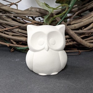 May include: White ceramic owl figurine with large eyes. The owl is sitting on a dark gray surface.