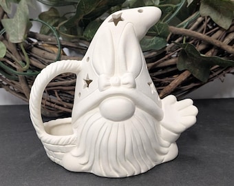 Ready to Paint Small Hunny Bunny Gnome with Basket - Ceramic Bisque - Fired to Cone 04 - Unpainted • Paint Your Own • Easter • Keepsake