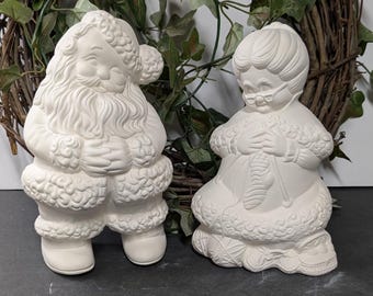 Retro Santa and Mrs. Claus by Clay Magic - Ceramic Bisque - Fired to Cone 04 - Unpainted • Paint Your Own • Christmas • Winter