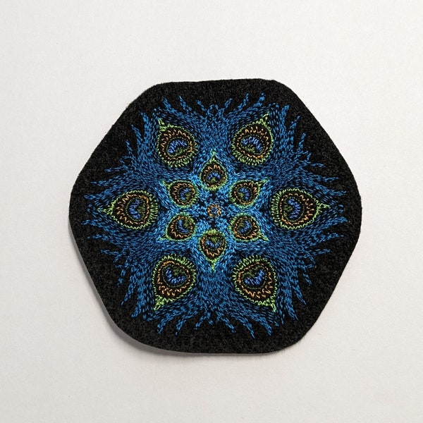 Peacock Feather Kaleidoscope Patch - Machine Embroidered Iron-On - Pillows • Bird • Jeans • Nest • Colorful • Shirts • Jackets • Fun • Round