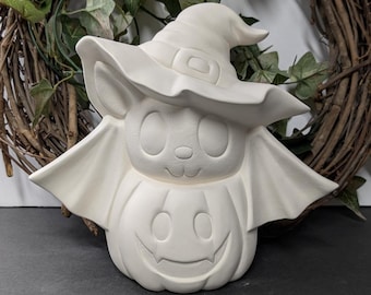 Ready to Paint Ozzy the Bat in a Pumpkin - Ceramic Bisque - Fired to Cone 04 - Unpainted • Paint Your Own • Cute • Halloween • Autumn • Fall