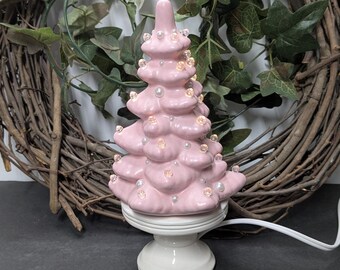 Hand Painted Pretty in Pink Small Christmas Tree w/ Pedestal - Fired to Cone 04 -Lighted  • Pearls • Christmas • Winter Wonderland • Snow