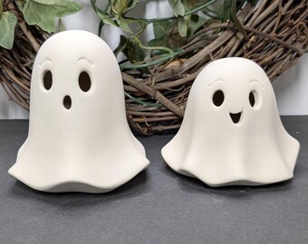 Ready to Paint Set of 2 Lighted Anime Ghosts - Ceramic Bisque - Fired to Cone 04 - Unpainted • Paint Your Own • Halloween • Spooky • Happy