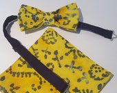 Shades of Yellow and Blue Batik Acid Look Pre-Tied Bow Tie Bowtie - Matching Pocket Square - FREE Shipping - Unique