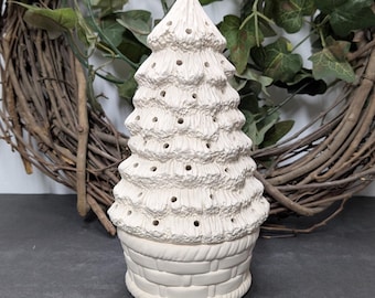 Ready to Paint Christmas Tree with Basket Base - Ceramic Bisque - Fired to Cone 04 - Unpainted • Paint Your Own • Christmas • Winter • Snow