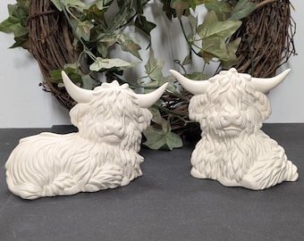Ready to Paint Set of 2 Small Highland Cows - Ceramic Bisque - Fired to Cone 04 - Unpainted • Paint Your Own • Animals • Garden Decor • Cute