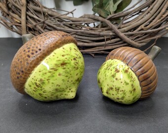 Hand Painted Set of 2 Autumn Acorns - Ceramic Bisque - Fired to Cone 04 - Crystal • Green • Winter • Hand Made • Decorate • Nut • Brown