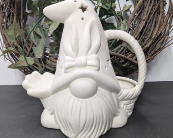 Ready to Paint Medium Hunny Bunny Gnome with Basket - Ceramic Bisque - Fired to Cone 04 - Unpainted • Paint Your Own • Easter • Keepsake