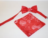 Shades of Red and White Batik Acid Look Pre-Tied Bow Tie Bowtie - Matching Pocket Square - FREE SHIPPING