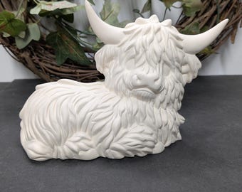 Ready to Paint Small Highland Cow - Ceramic Bisque - Fired to Cone 04 - Unpainted • Paint Your Own • Animals • Garden Decor • Cute • Moo