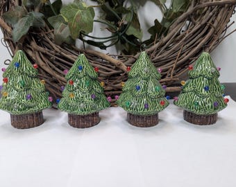 Hand Painted Christmas Tree Ornaments Set of 4 (FOUR) - Ceramic Bisque - Fired to Cone 04 - Hand Made • Green Tree • Christmas • Winter