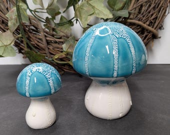 Hand Painted Set of 2 Button Mushrooms - Ceramic Bisque - Fired to Cone 04 - Crystal • Blue • Hand Made • Decorate • Mushroom • White