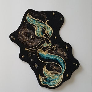 Cosmic Sea Mermaid Patch - Machine Embroidered Iron-0n - Aquatic • The Deep • Tail • Jeans • Jackets • Ocean • Wave • Fish • Water