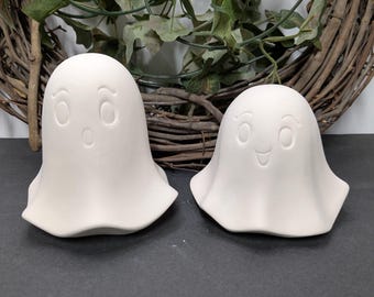 Ready to Paint Set of 2 Anime Ghosts - Ceramic Bisque - Fired to Cone 04 - Unpainted • Paint Your Own • Halloween • Spooky • Cute • Happy